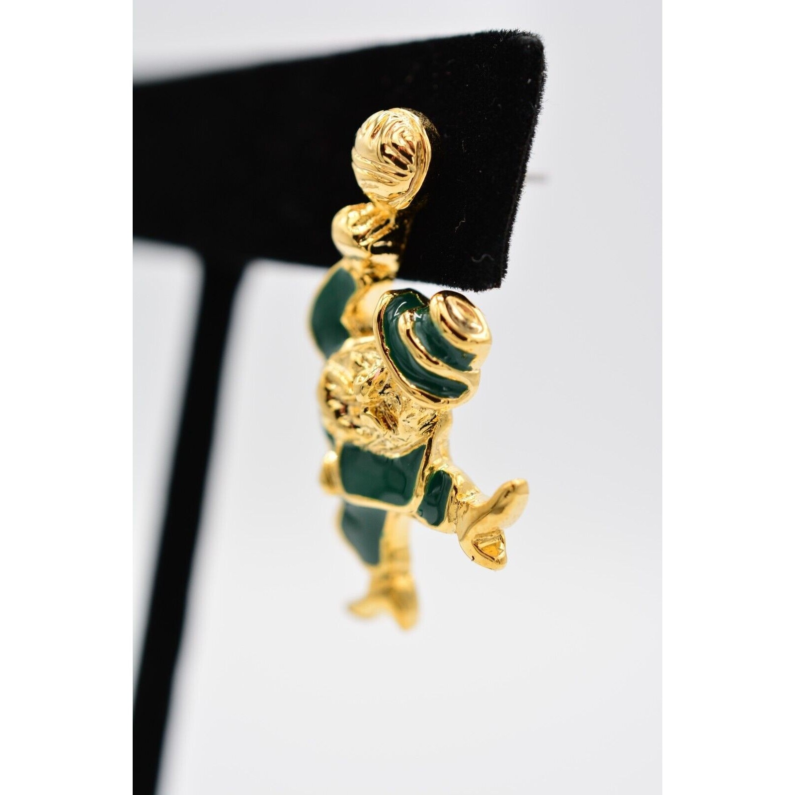 Vintage Lucky Leprechaun Earrings Dangle Green Gold St. Patrick’s Day 80s BinA6