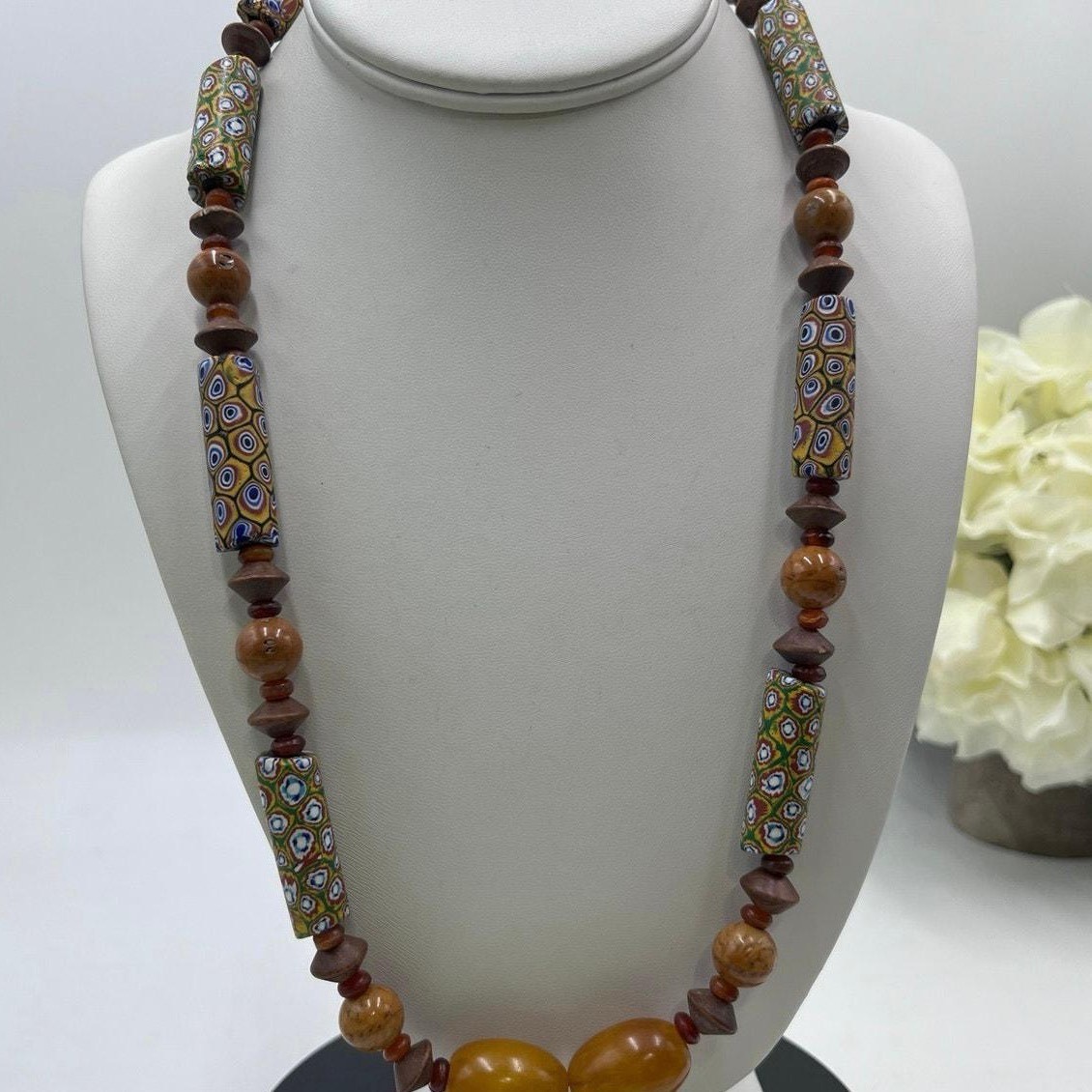 Antique Sterling Millefiori African Trade Bead Amber Resin Bakelite Necklace