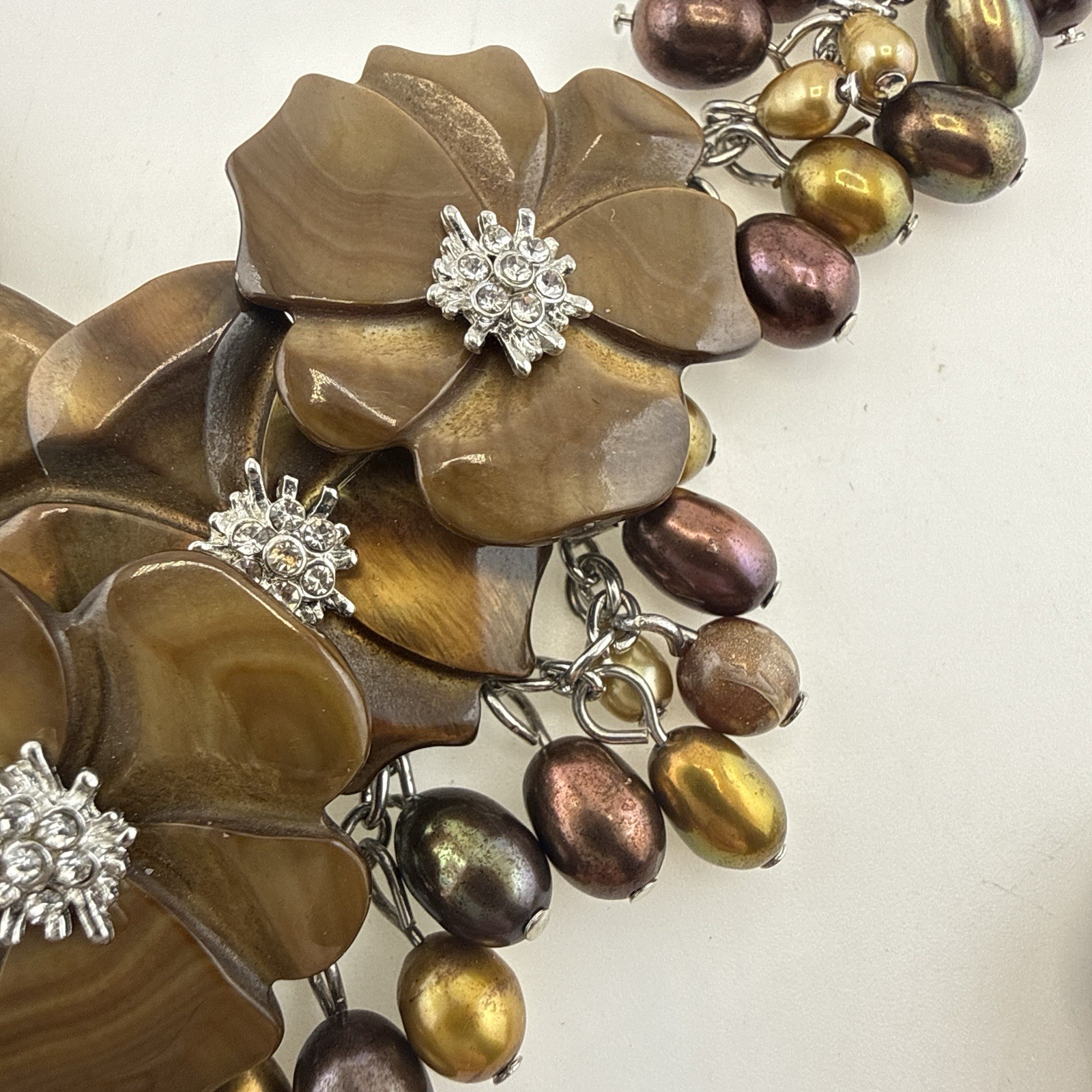 Tigers Eye Pearl Necklace Earrings Set Floral Waterfall Cluster Silver Tone QVC