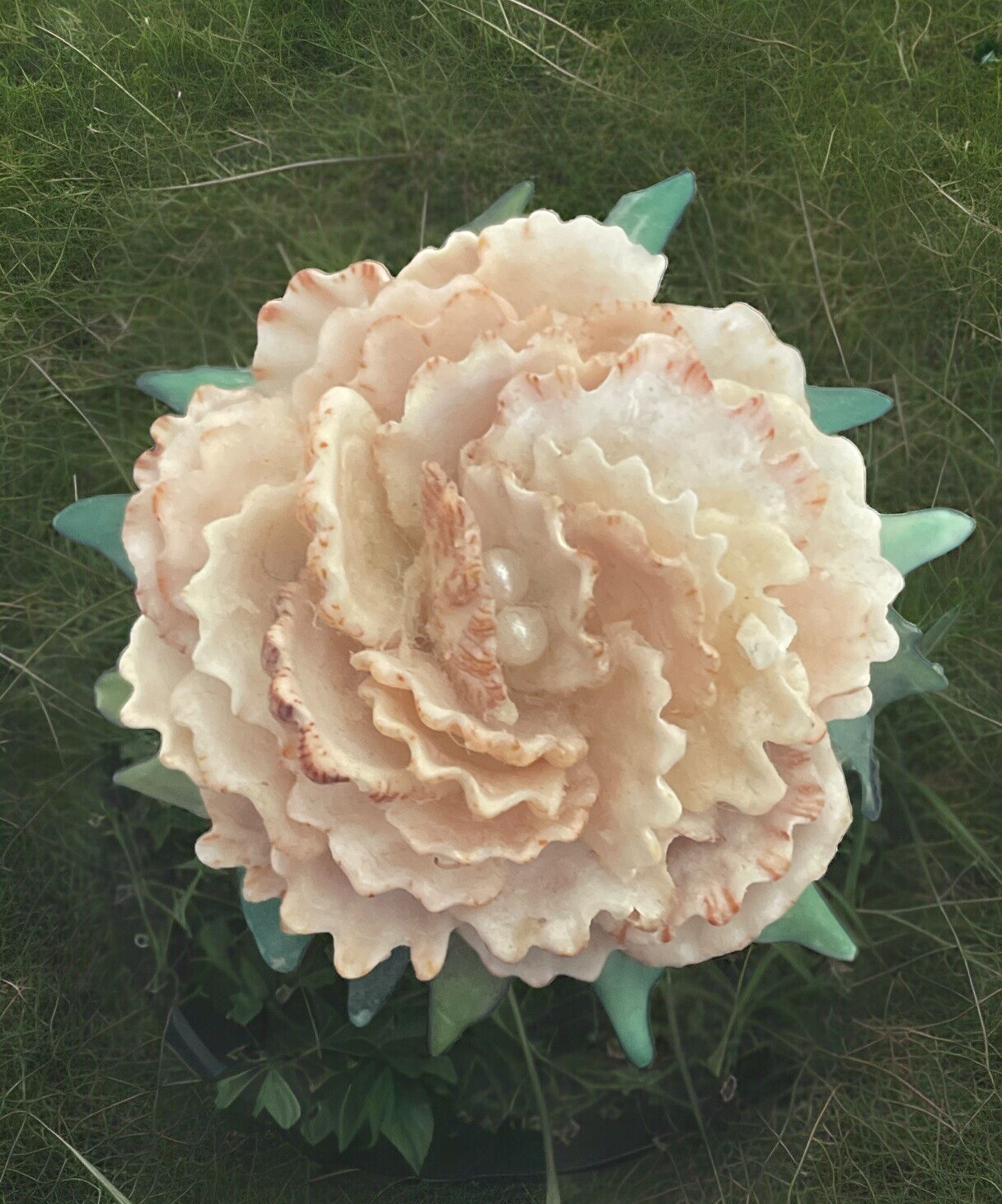 Vintage Peach And Green Celluloid Flower Brooch V27