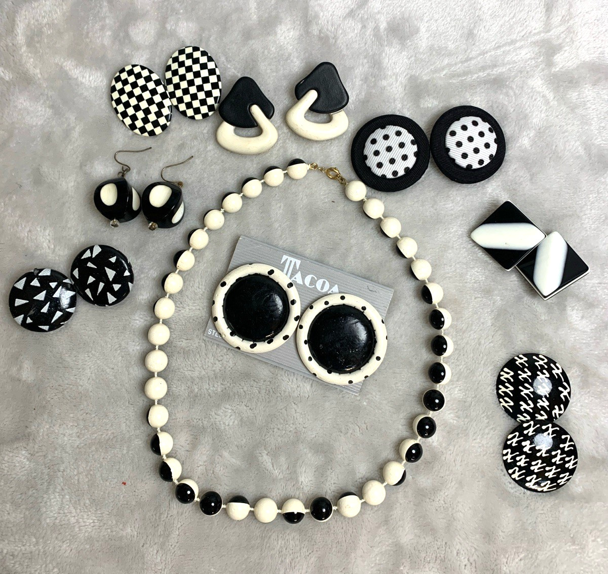 Vintage MOD Monochrome Jewelry Lot Black White Earrings Signed Tacoa & Necklace