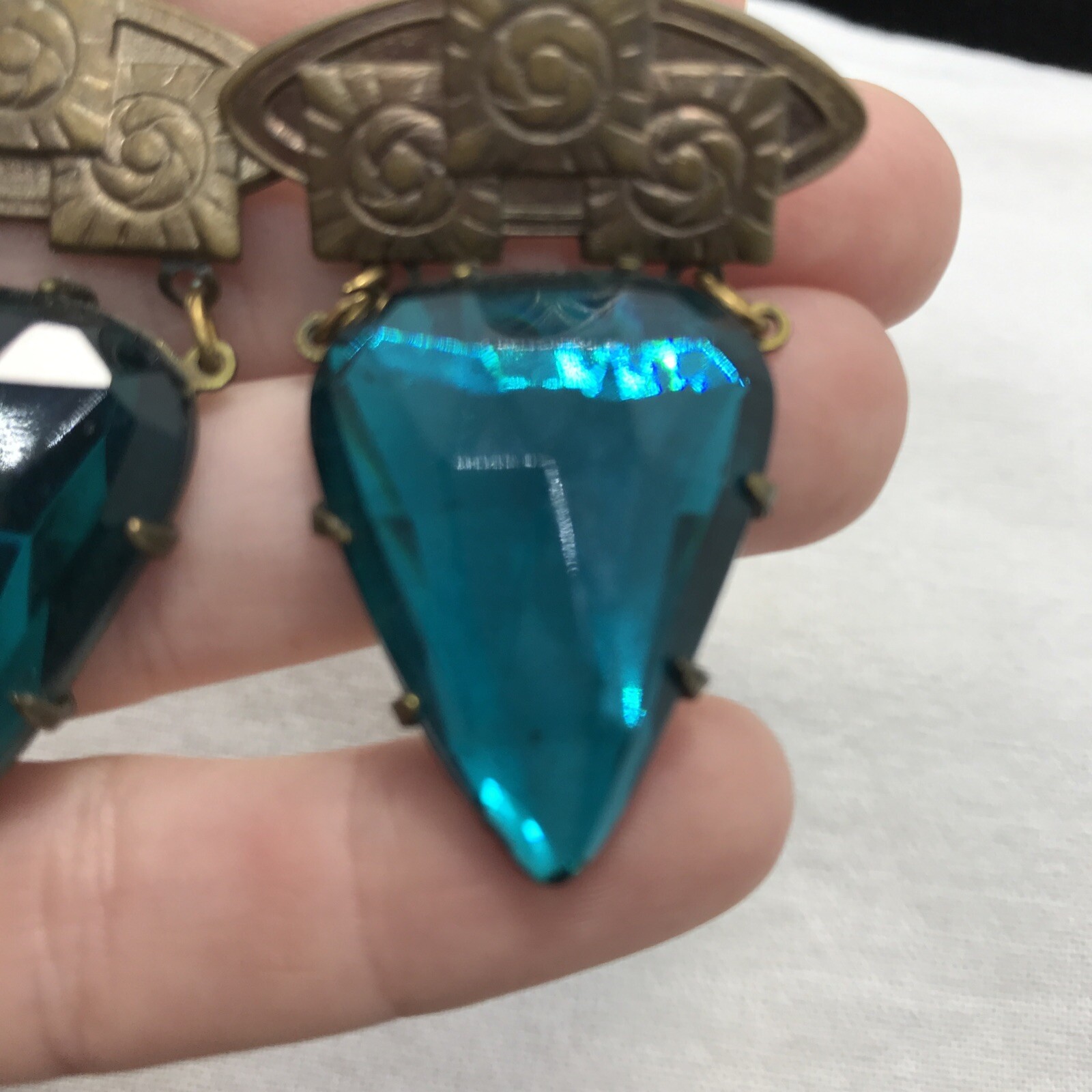 Vintage Glass Works Studio Teal Color Glass & Brass tone Pierced Earrings