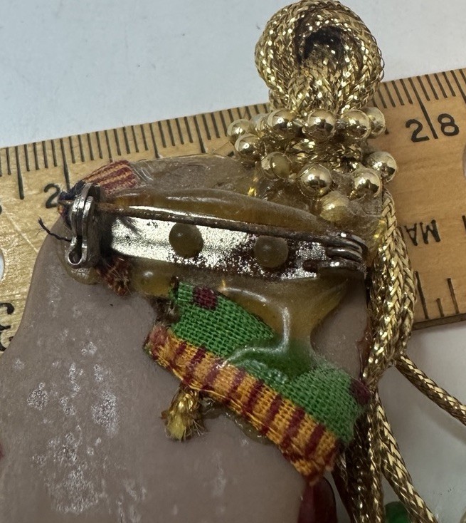 Vintage Figural Lady Head Brooch Green Red Gold Beaded Hair Unique Art Pin