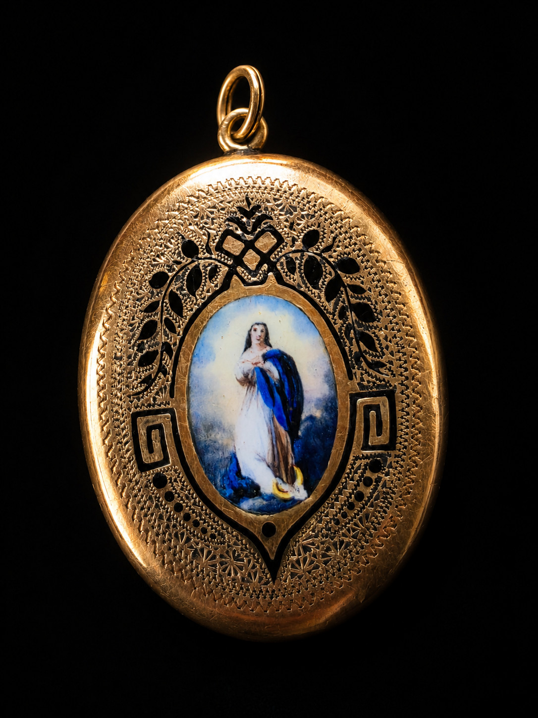 Antique Victorian 14K Gold Virgin Mary Enamel Locket Guilloche Religious Pendant
