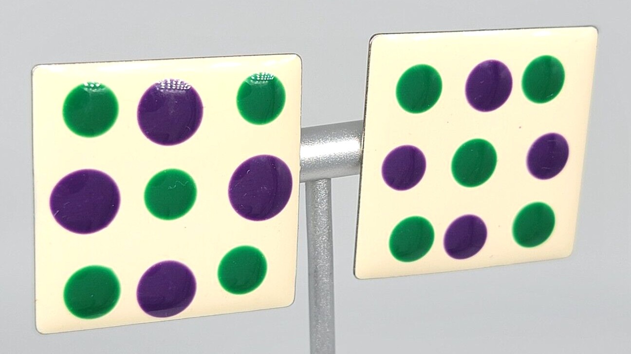 Polka Dot Earrings Purple Green White Enamel Mod Silver Tone Pierced Vintage