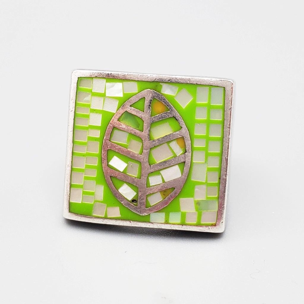 Sterling Leaf Ring Lime Green Enamel MOP Mosaic Size 7.5 1990s Y2k Austria ?