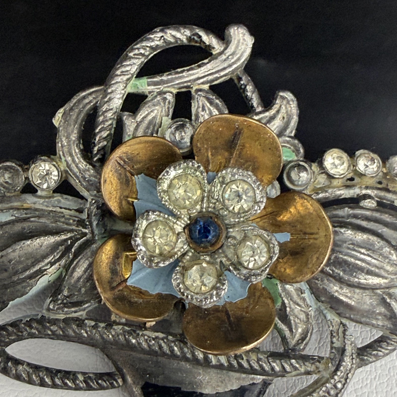 Vintage Potmetal Brooch Flower Basket Rhinestone New England Glassworks READ