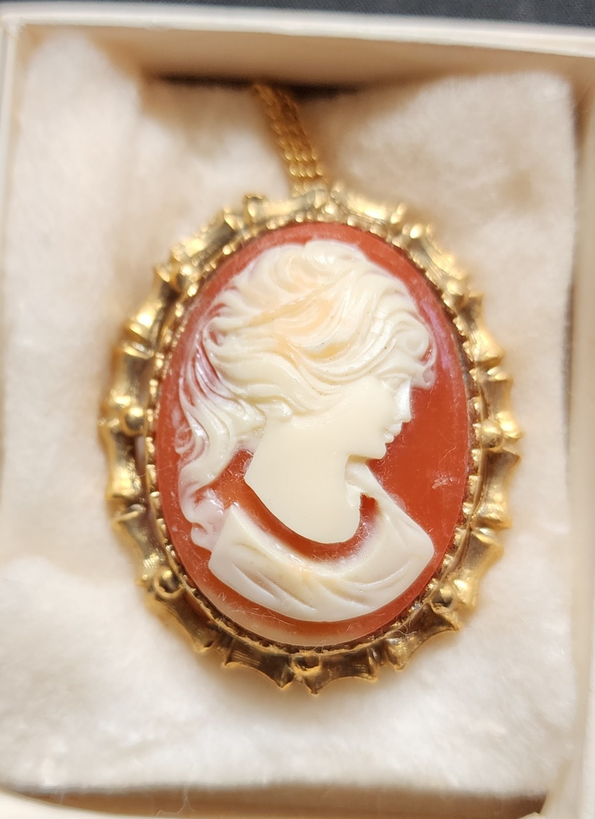 Vintage Salmon Color Lady Head Cameo Necklace Pendant Brooch Pin Beautiful NOS