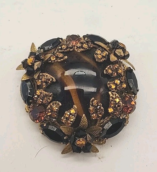 VTG Original By Robert Rare Huge Amber & Black Rhinestone Glass Brooch 2.5″