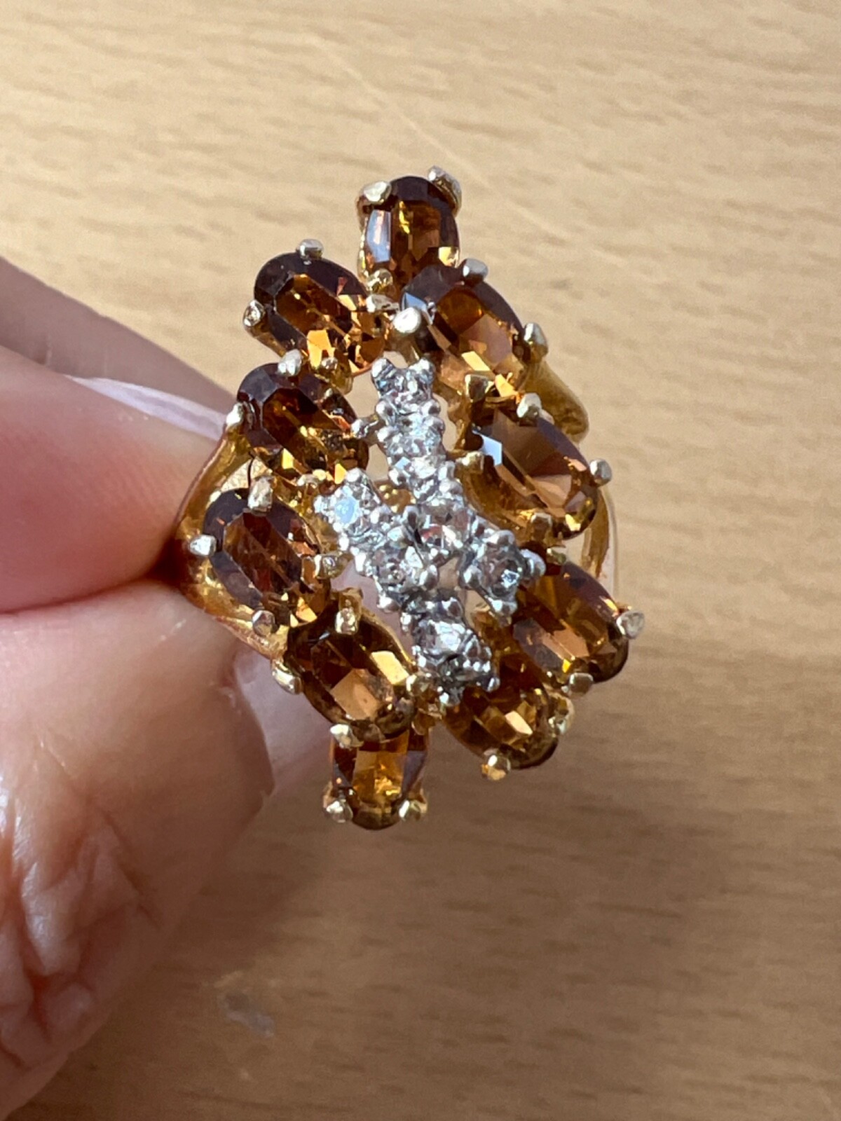VINTAGE LARGE FAUX CITRINE GLASS CZ CUBIC ZIRCONIA COCKTAIL DRESS RING STATEMENT