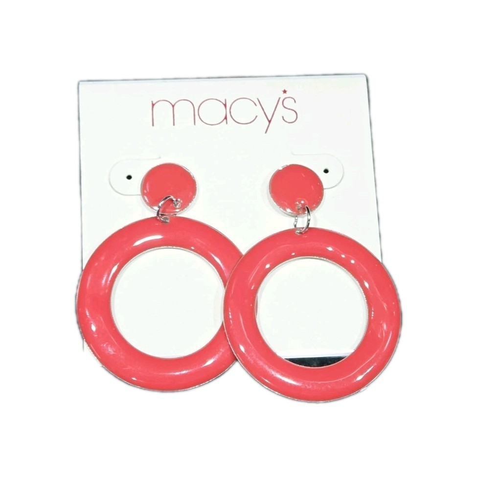 Macy’s Earrings Red Circle Dangle Drop 80’s style silver tone Vintage 2 in