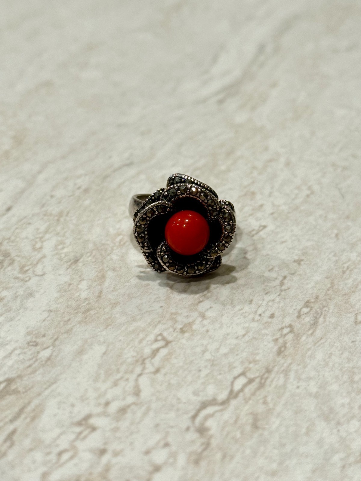 VTG Flower Ring Size 8 Sterling Silver Rose Red Coral Marcasite Gem Cocktail