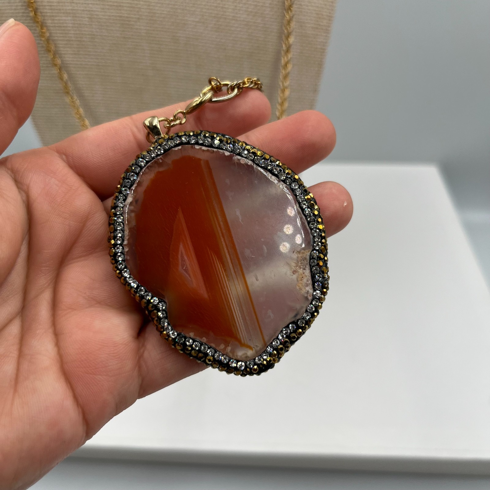 Vintage Banded Agate Slice Pendant Necklace Gold Tone Orange White Geode Boho
