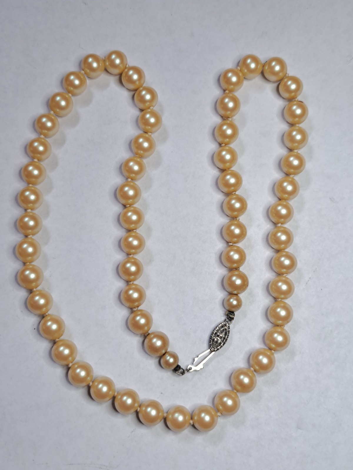 Vintage Hand Knotted Pearl Necklace 925 Sterling Silver Marquise Filigree Clasp