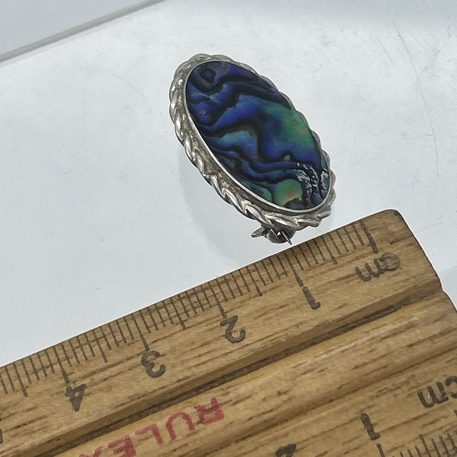 Vintage Paua Shell Sterling Silver Brooch 925 Oval Abalone Mother Of Pearl