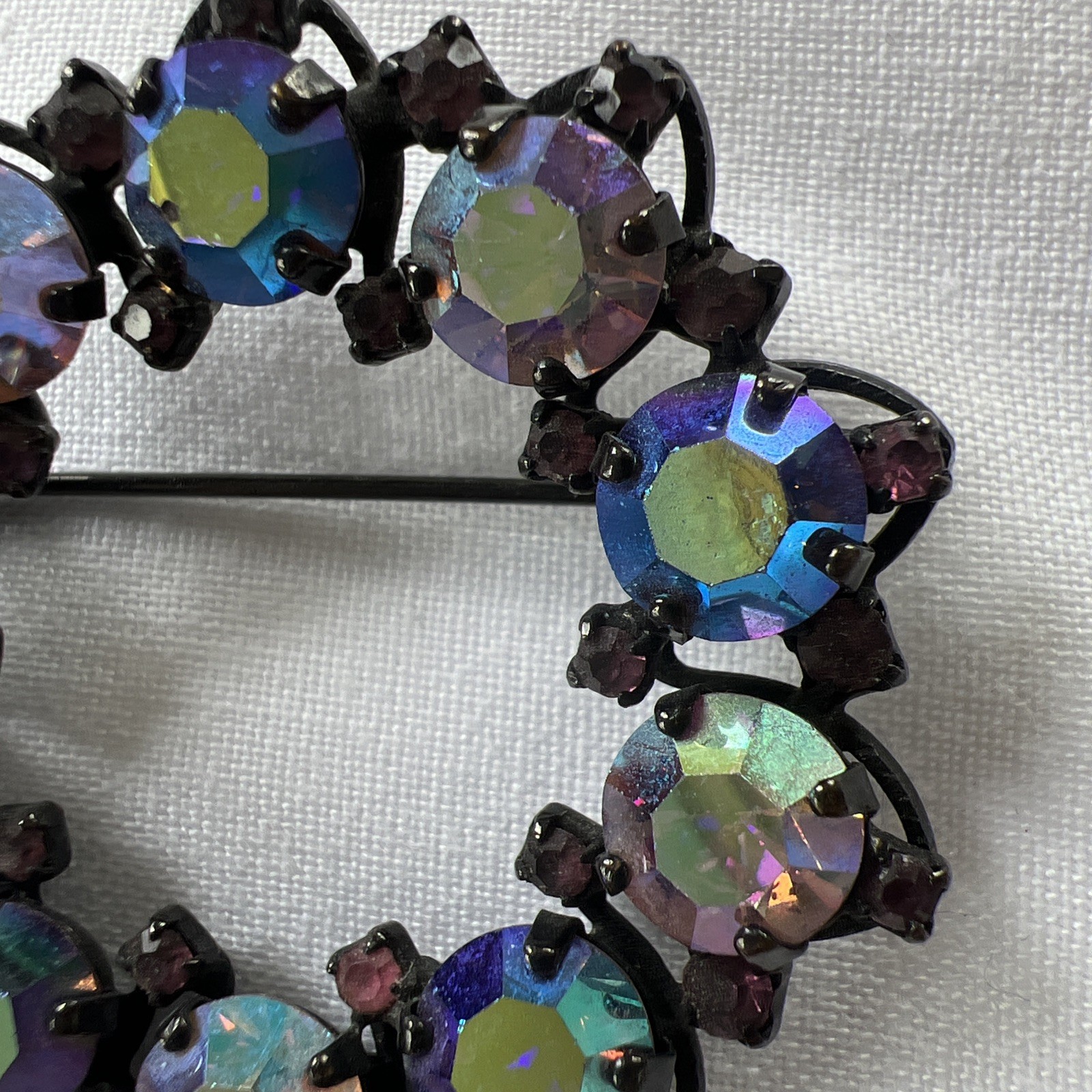 Vintage Joseph Warner Signed Pinks & Purples AB Rhinestone Brooch 2” Rd