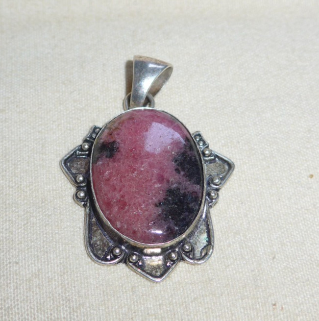 925 Sterling Silver Vintage Rhodonite Gemstone Large Pendant
