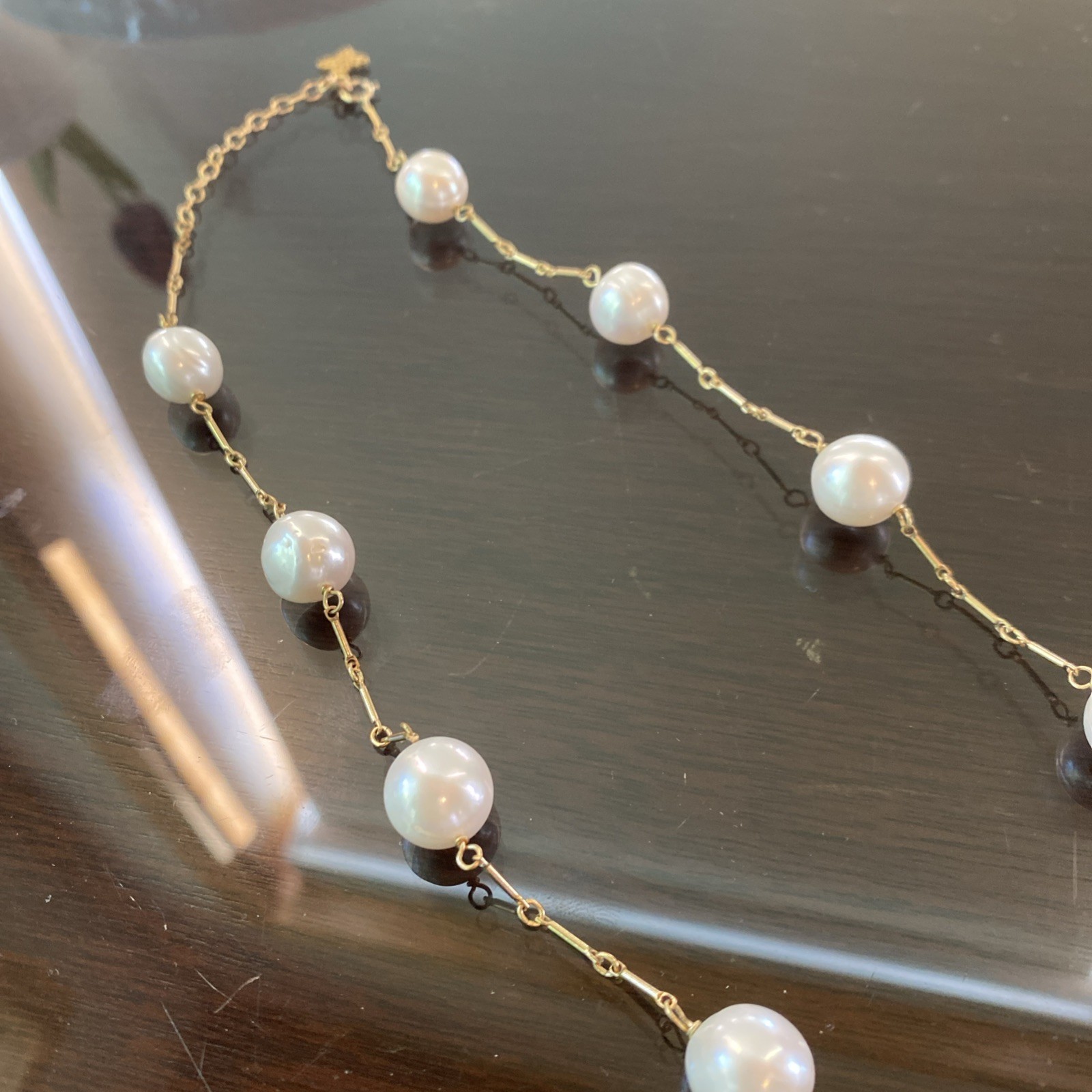 Pearl Station Necklace Bar Link Gold Tone 18″ Charm at Clasp Classic Formal