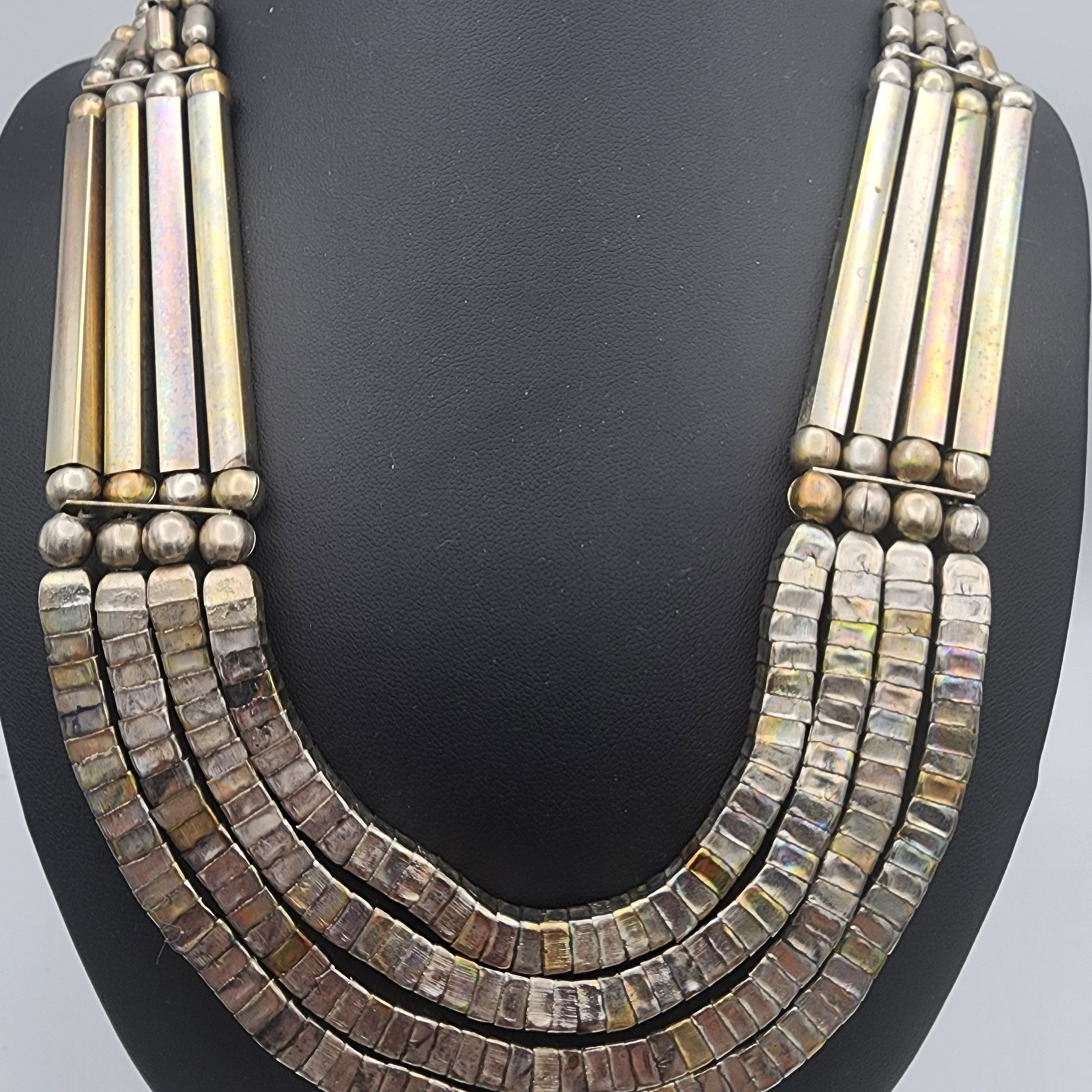 Vintage Southwestern Silverized Shell Heishi Multi Strand Bib Necklace Set 91g