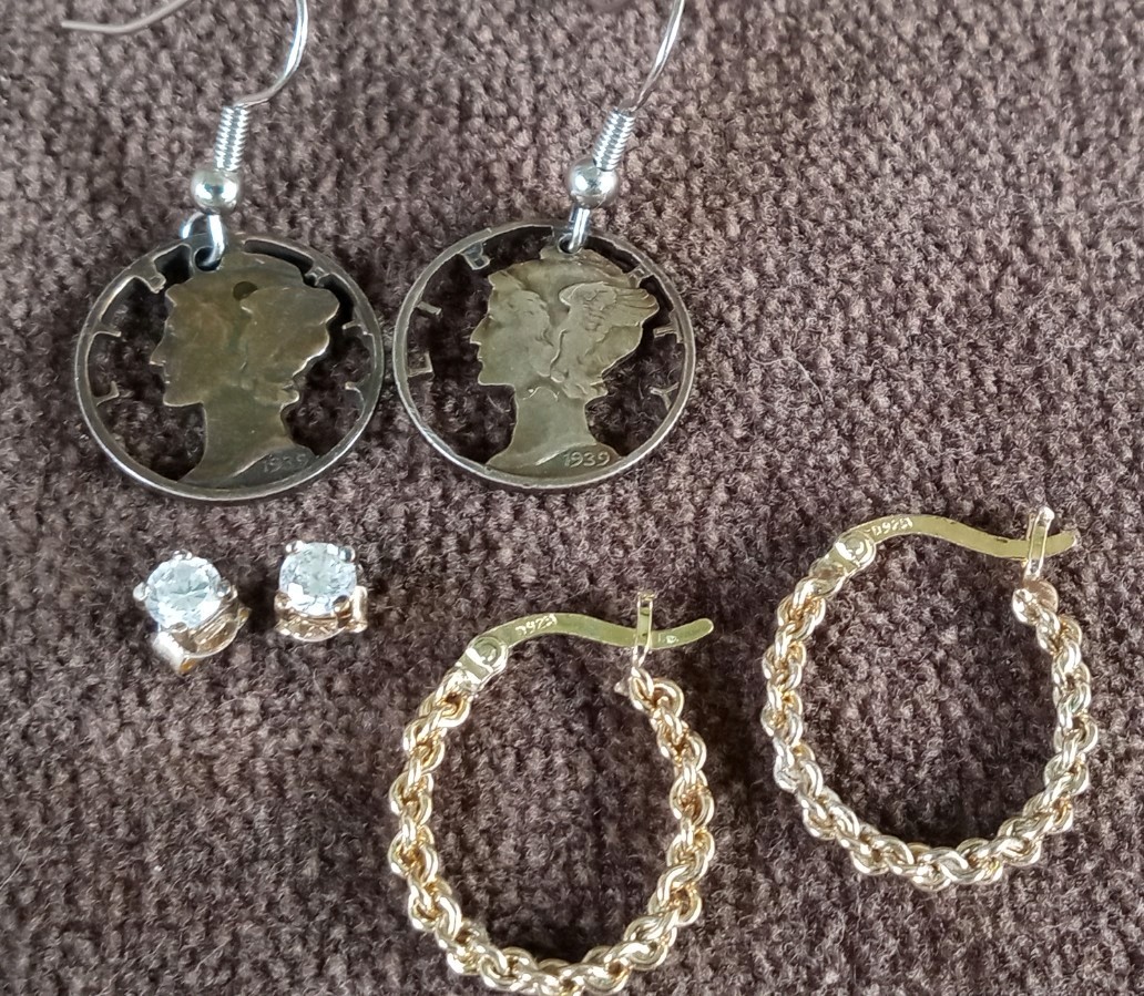 Lot of Sterling Silver Earrings 1939 Mercury Dimes, CZ, Chain Hoops