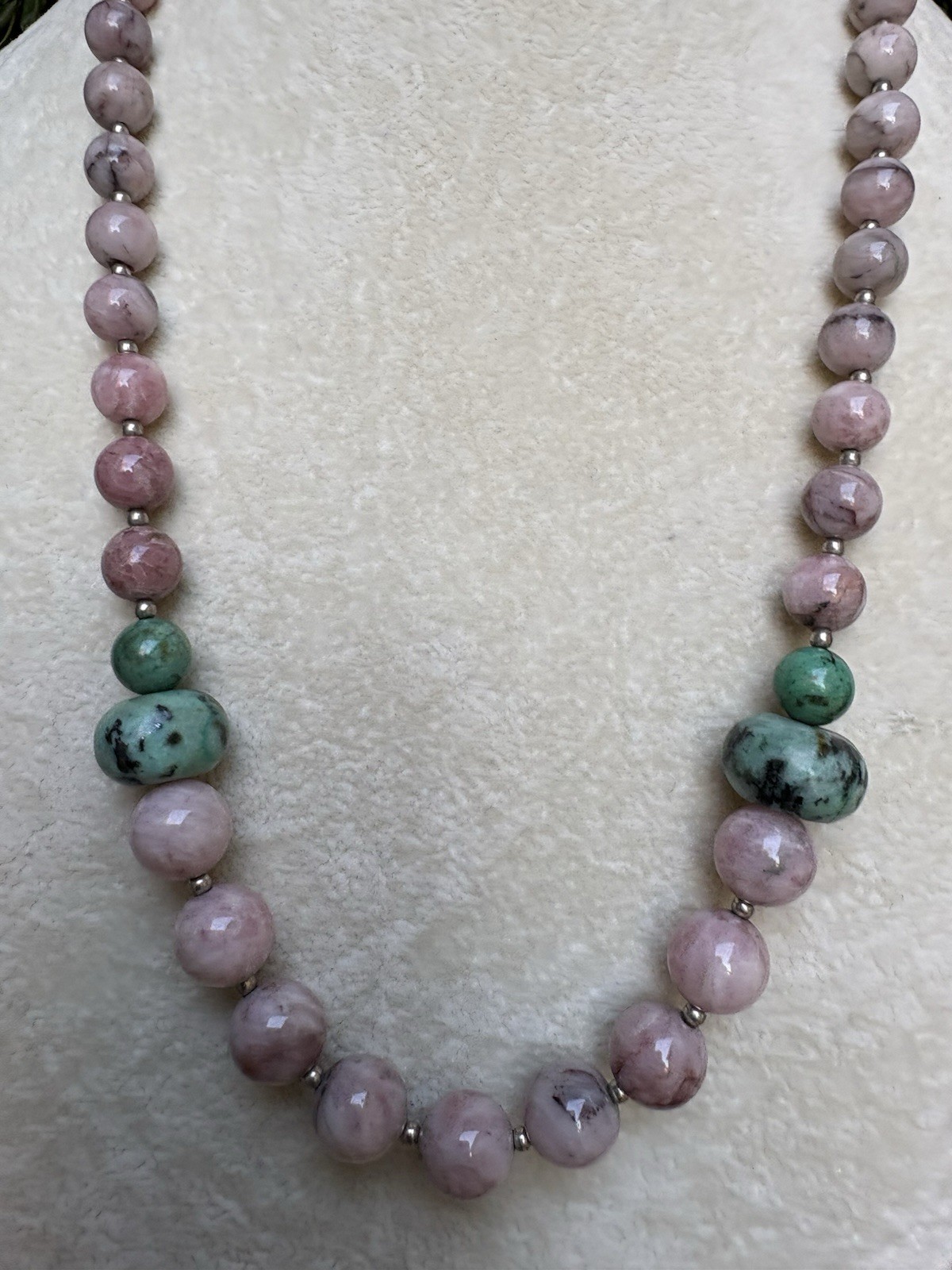 Unique Vintage Natural Stone, Pink And Green Necklace, Ornate Oval Box Clasp