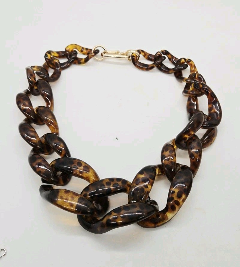 Faux TORTOISE SHELL Necklace WIDE Lucite Acrylic Chain Link Rings Graduated 23″