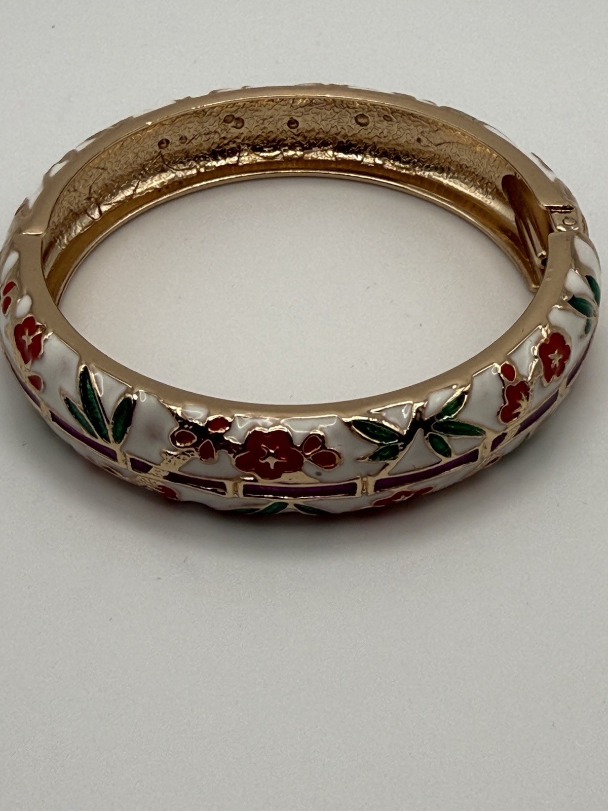 Jiu Long Xing- Red, Green, White, Purple Enamel Hinged Bangle Bracelet- Signed
