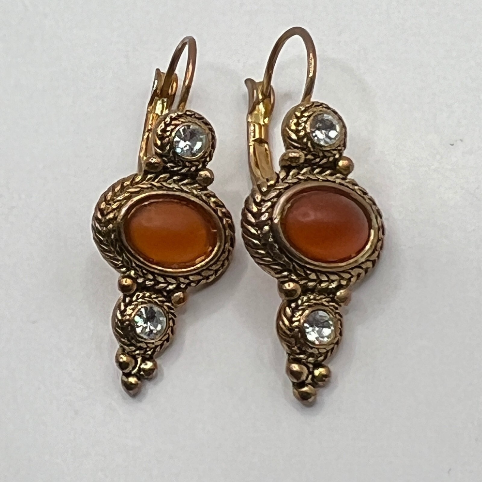 Vintage Pierced Dangle Earrings Clear Crystal Orange Acrylic Stone Drop