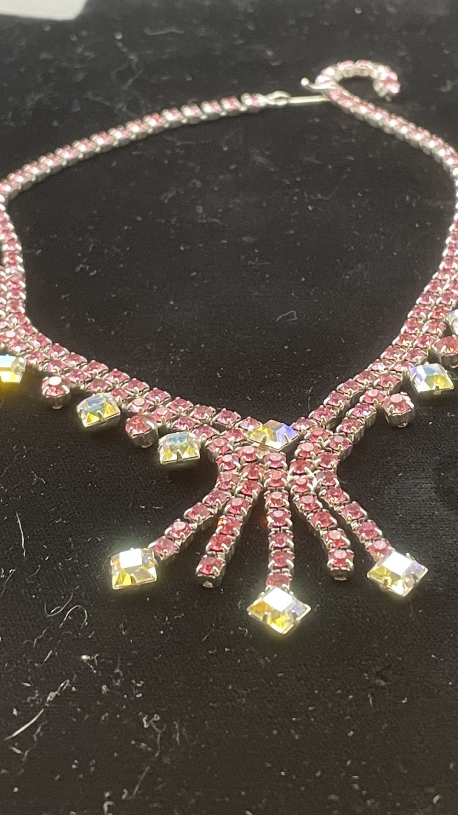Vintage Art Deco Hook Clasp Pink & Clear Rhinestone Necklace