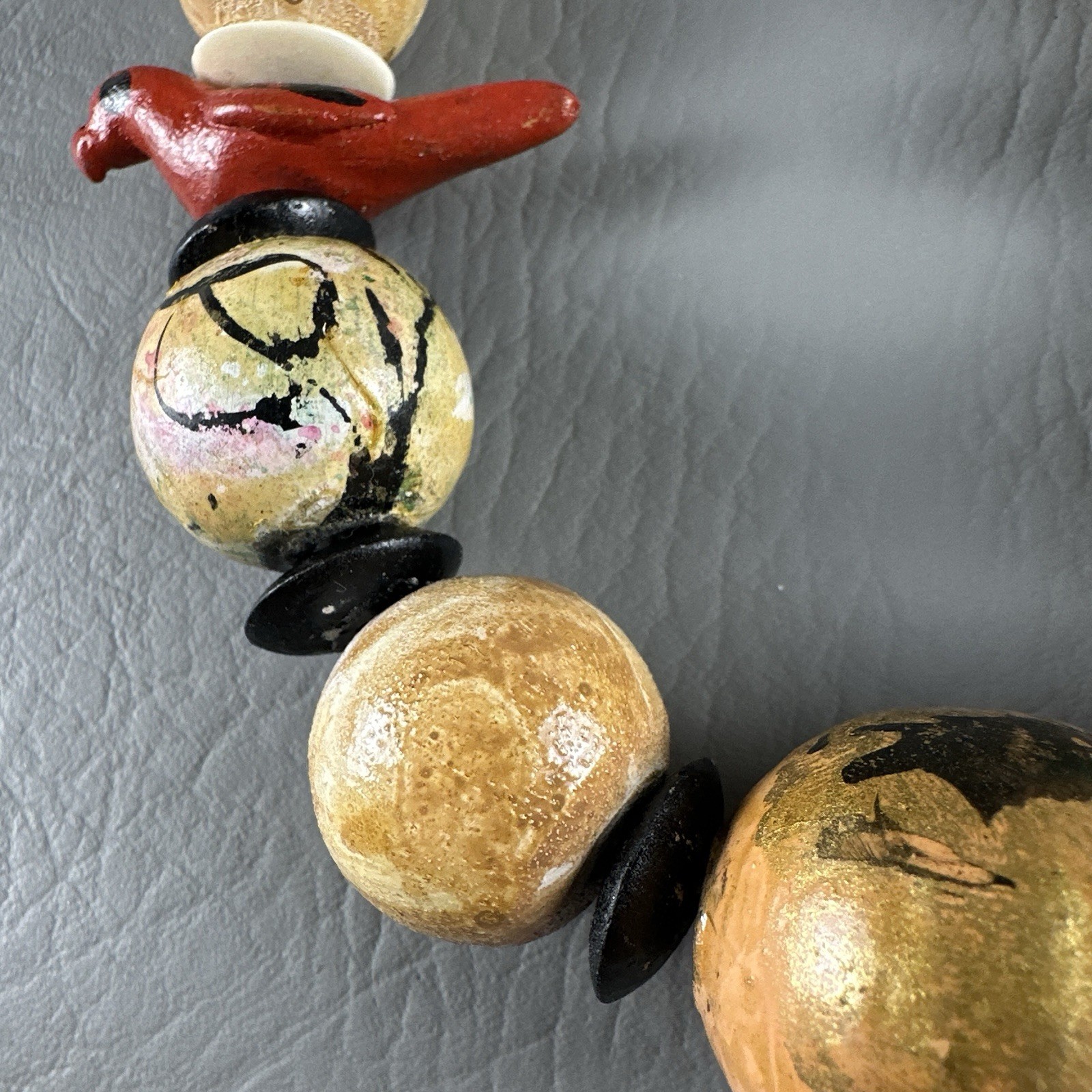 Vintage Hand Painted Necklace Bird Bead Artisan Wood 27”