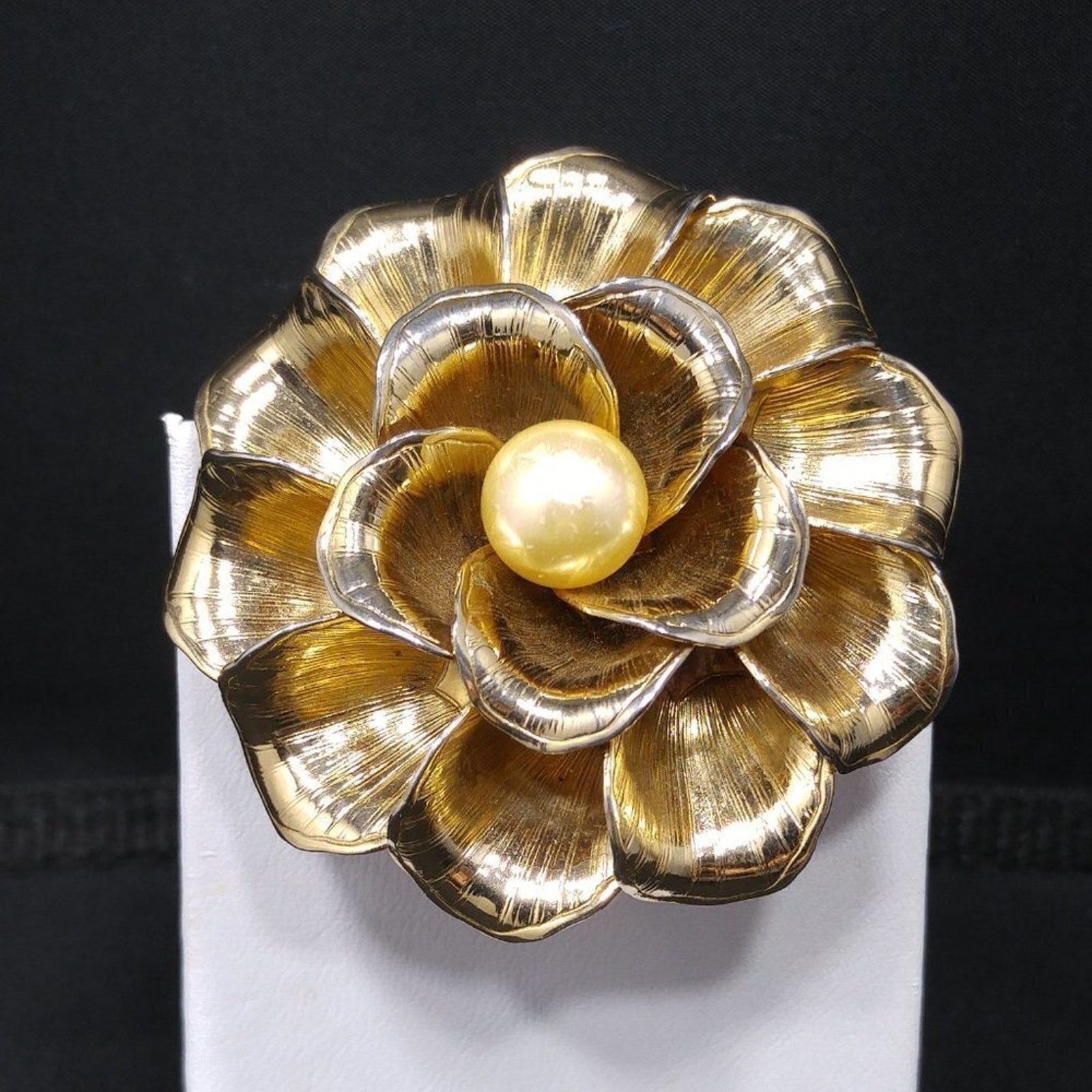 Vintage Flower Gold Plated Brooch, Faux Pearl Center, 1960s, 2 3/8 Inches