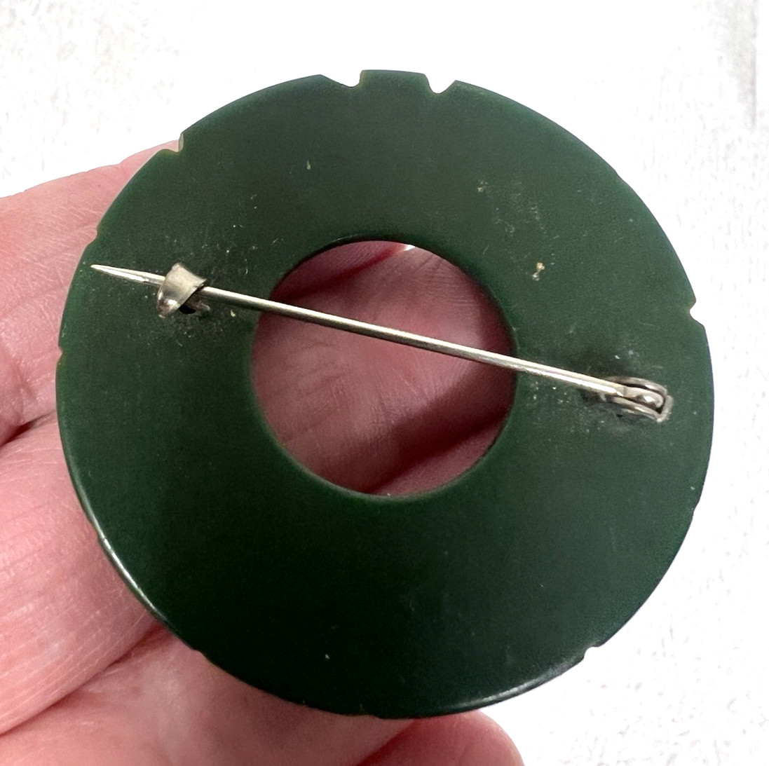 Vintage Dark Green Bakelite Carved Round Circle Brooch Pin 2.5” Great Shape