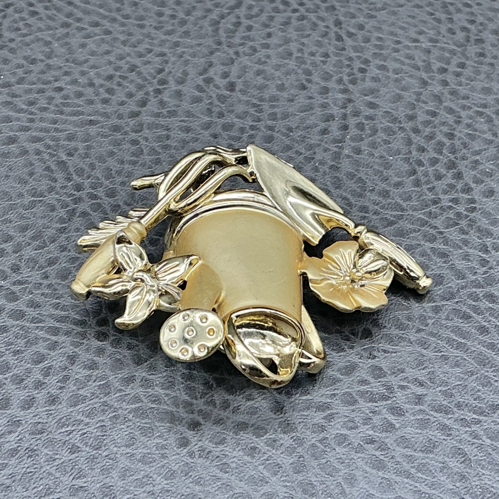 Vintage AJC Brooch Gardening Tools Flowers Watering Can Gold Tone 2 Inch Pin