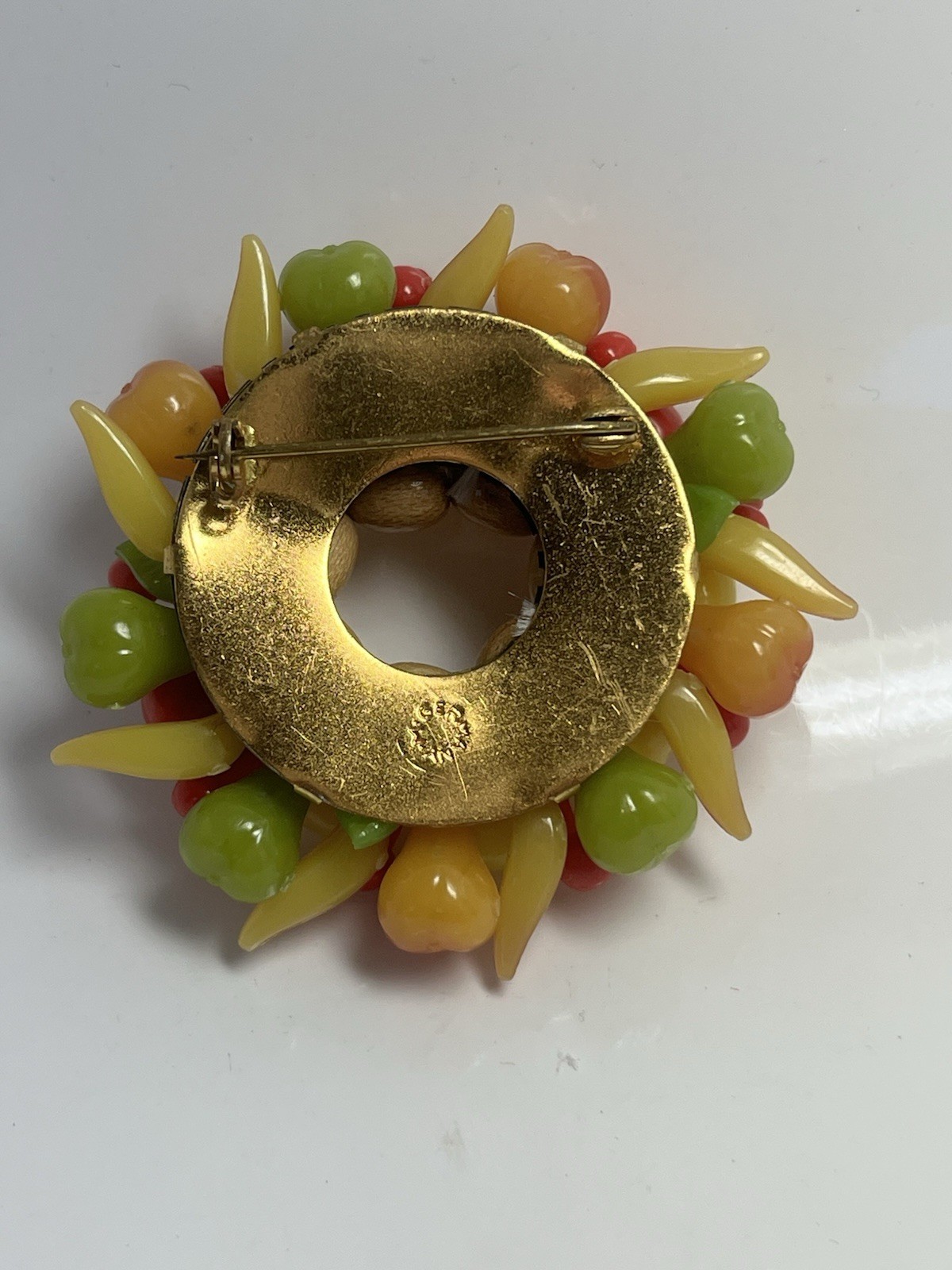 Lucite Plastic And Wood Fruit Salad Wreath Brooch Vintage West Germany