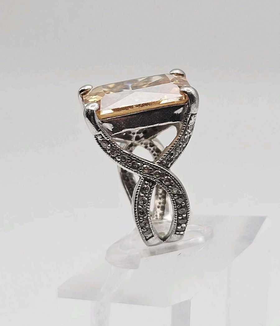 Sterling Silver Vintage 12.14ct Citrine & CZ Statement Ring Size 8
