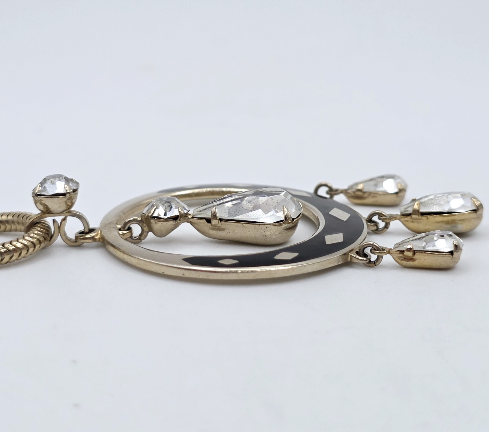 Vintage Art Deco Lavalier Pendant Necklace Gold Tone Black Enamel Crystal 15″