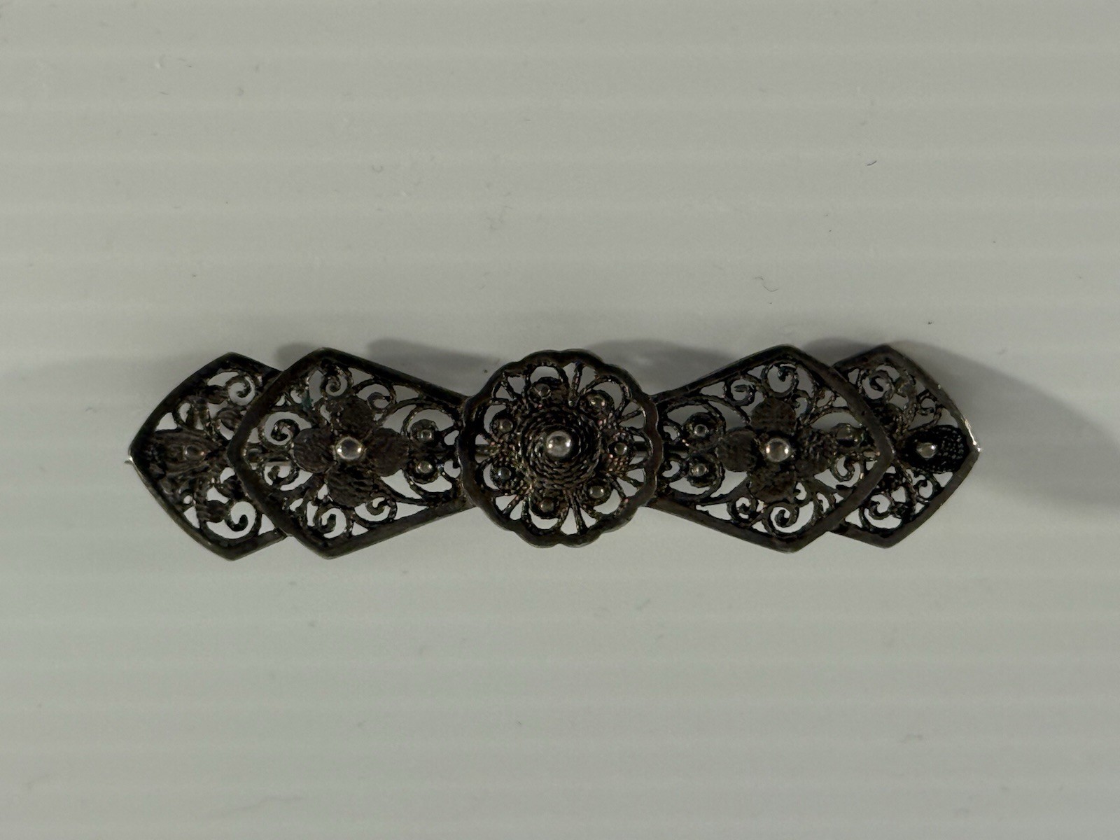 Vintage 835 Silver Filigree Bar Brooch Floral Scrollwork c1930s 3.2gms