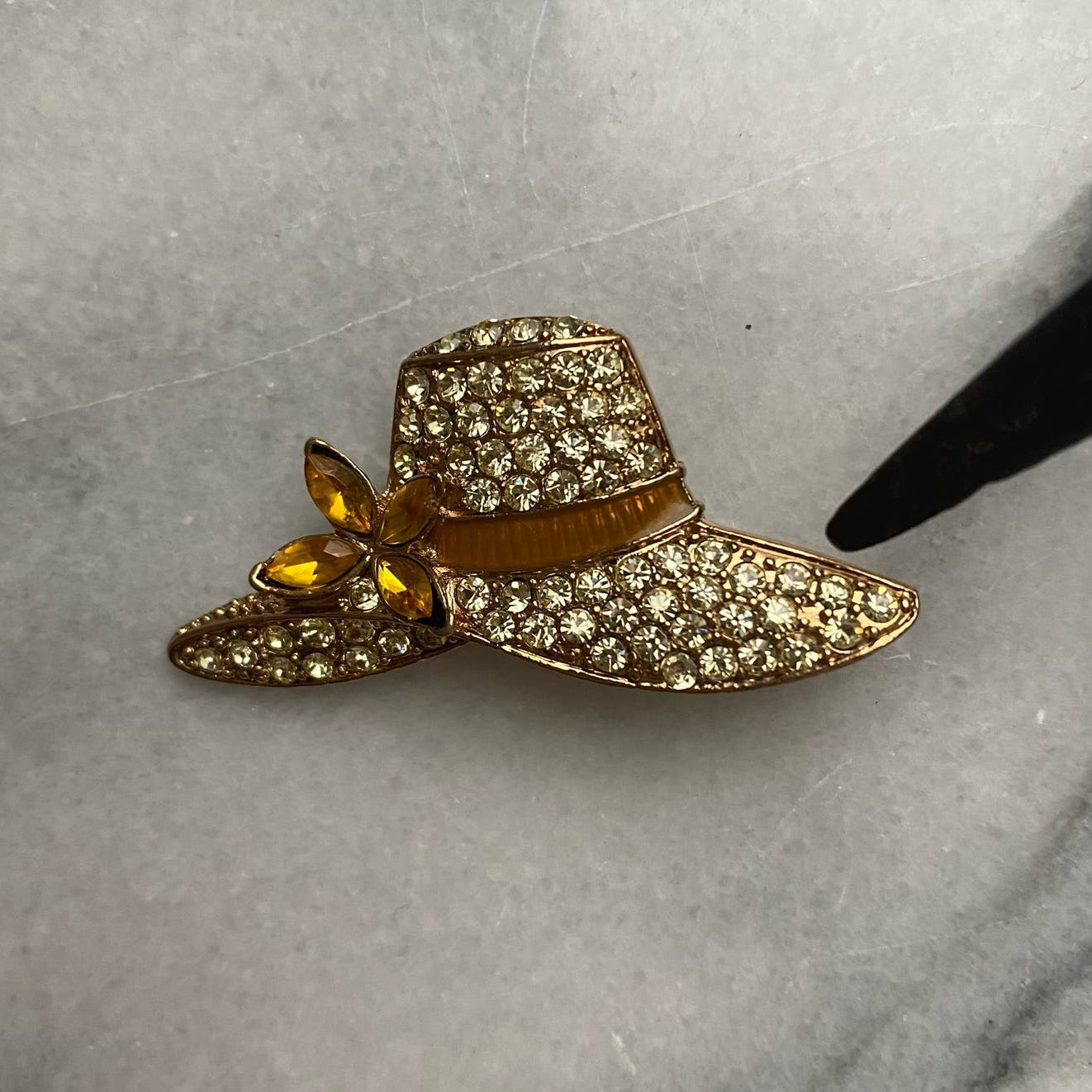 Vintage Monet Gold Tone Pin Crystals Enameled Summer Hat 1930s to 1950s Coquette