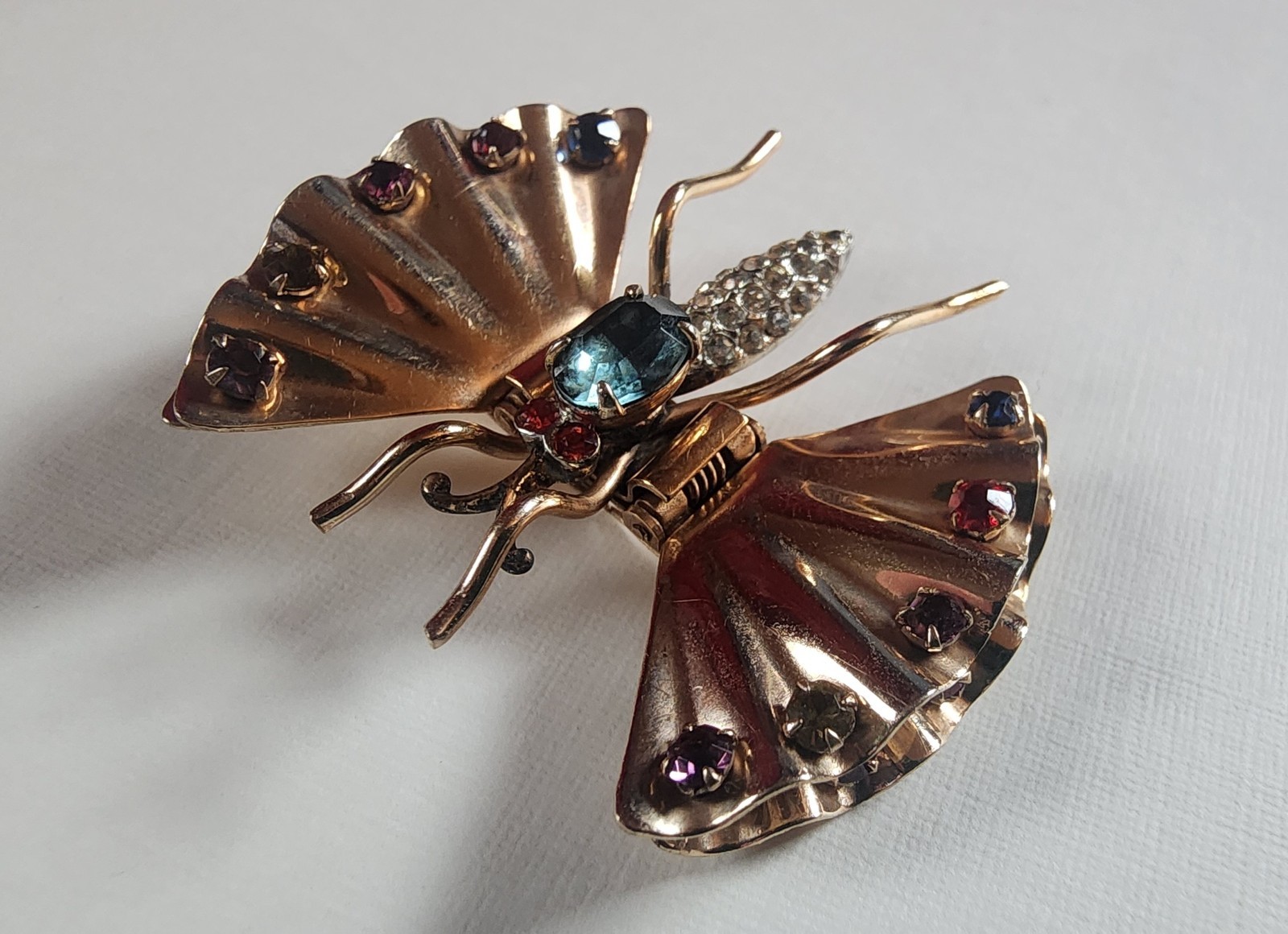 Rare Antique Charles Reis 12k Gold Filled Butterfly With Rhinestones Pin Brooch
