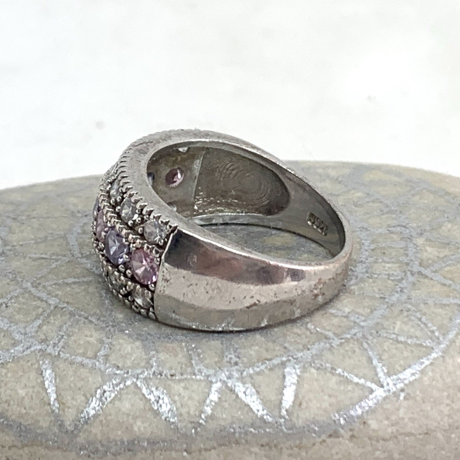 925 Sterling Silver Pink Light Purple White Topaz Three Row Band Ring Sz 6.25