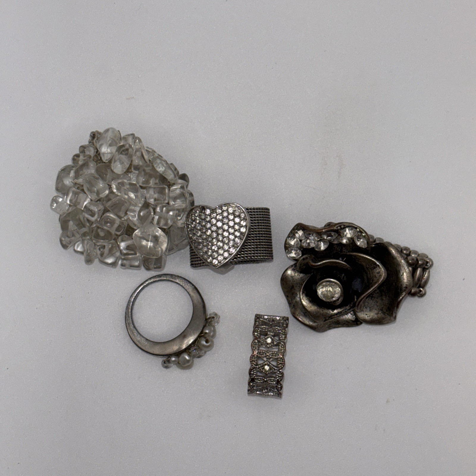 Vintage Costume Jewelry Lot Of 5. Flowers, Heart, Jewels, And More. Various Size