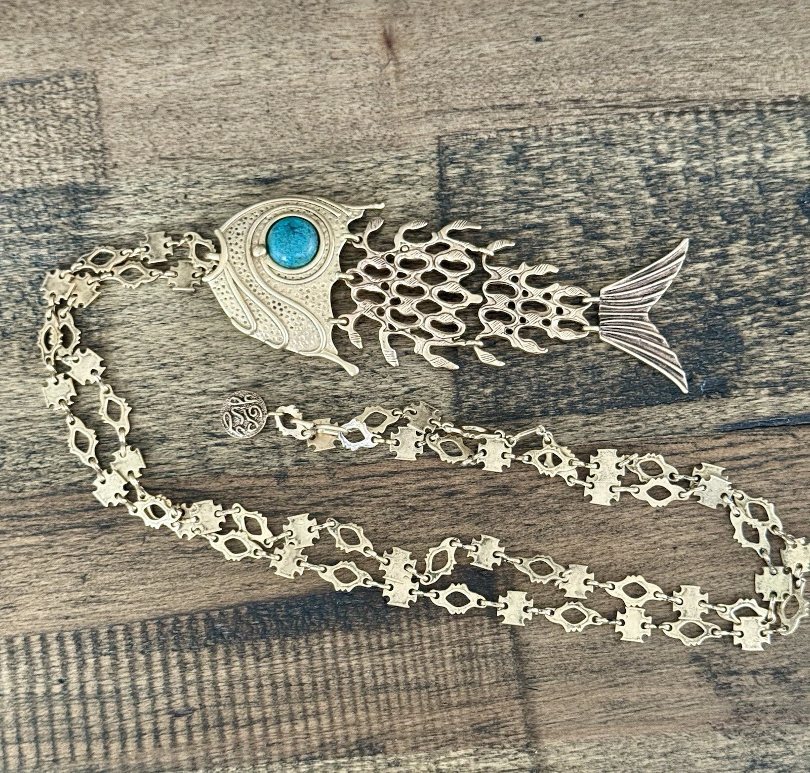 Vintage Bohemian Articulated Fish Pendant Heavy Link Chain. Gypsy Hand Made