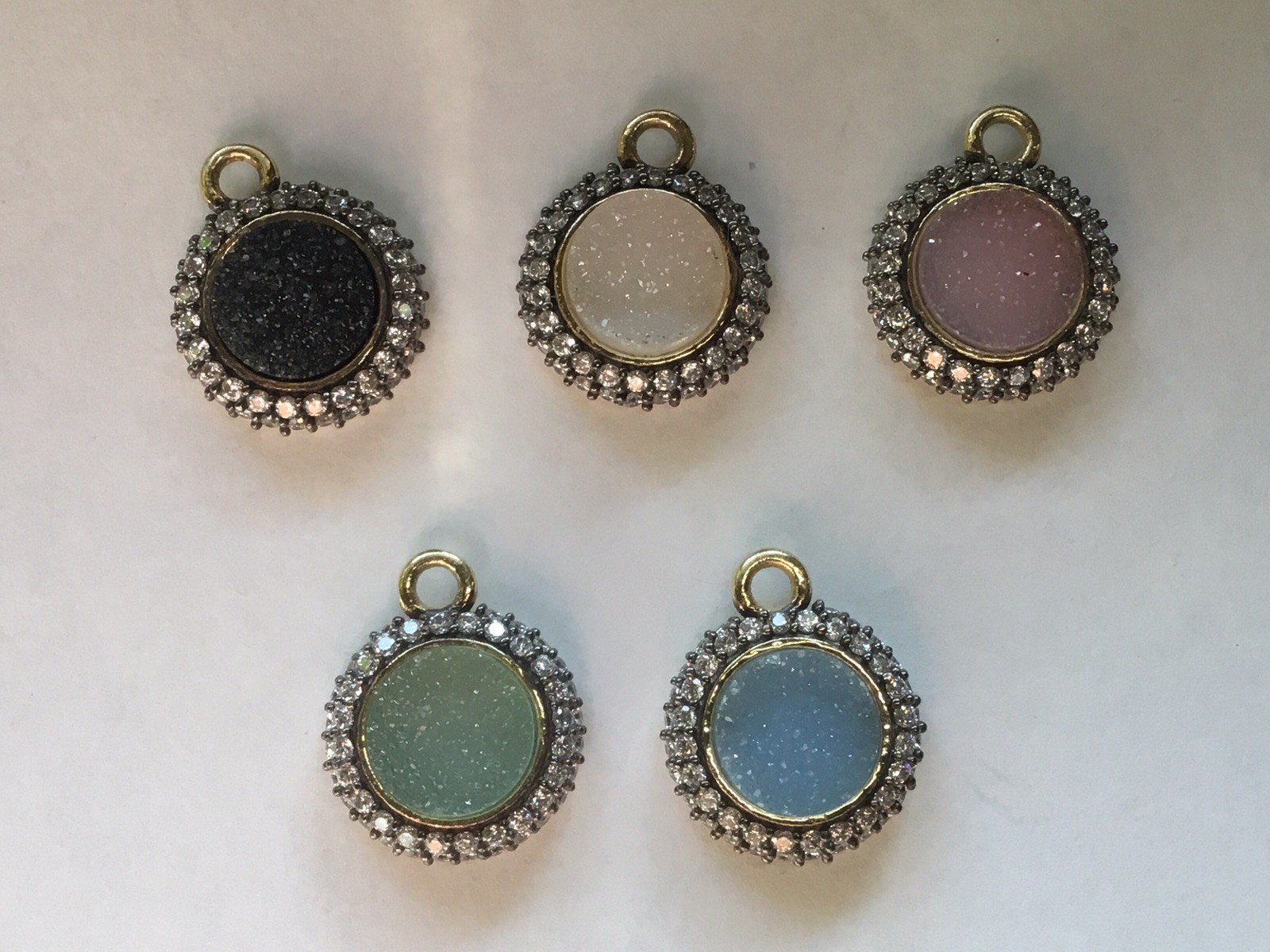 Natural/dyed round Druzy with clear topaz, GP/SS Pendant Charm, 5 pcs SET