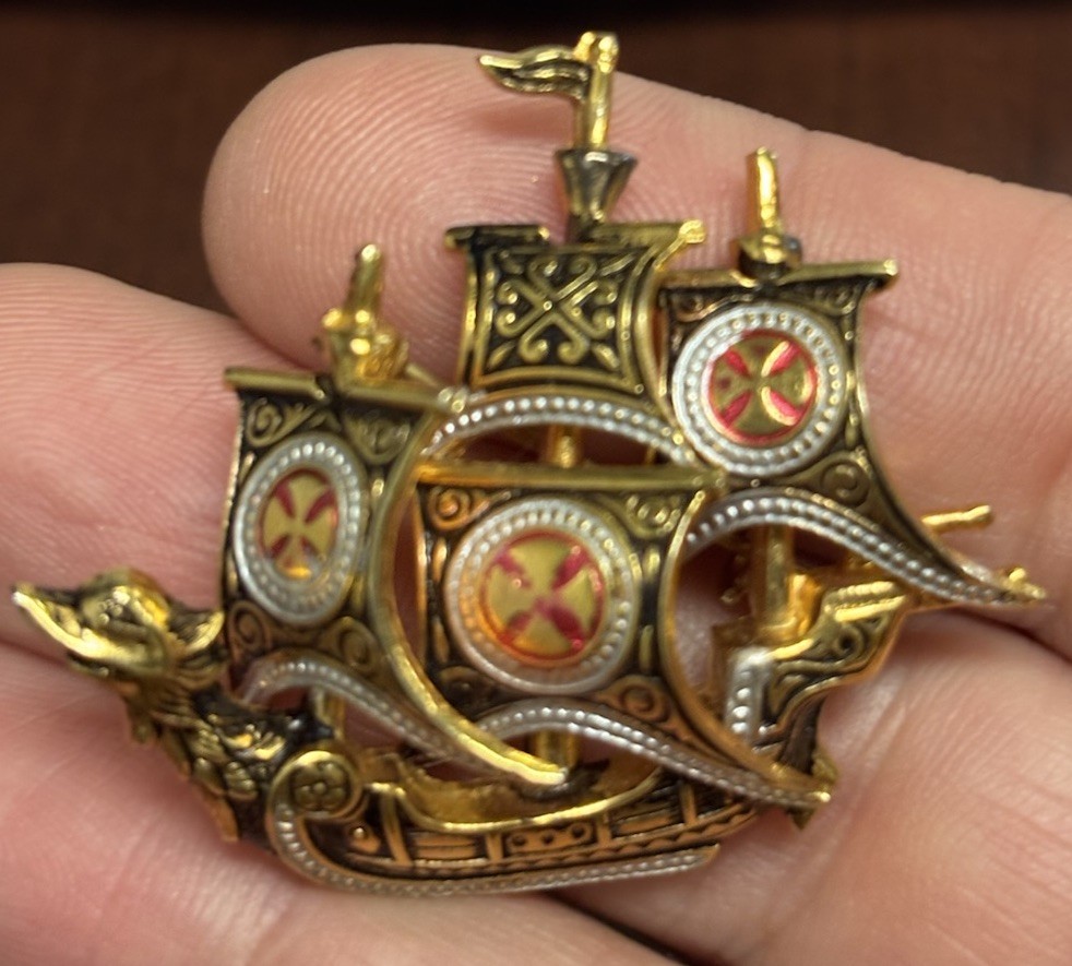 Vintage Damascene Ship Brooch Spanish Galleon Sailing Sail Boat Pin Spain