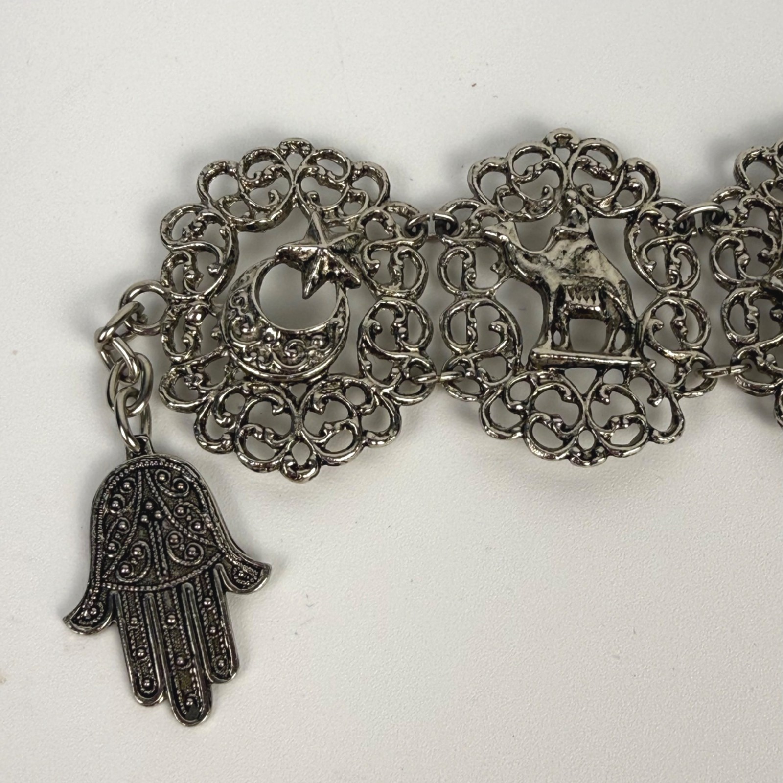 Vintage Silver-Tone Filigree Panel Bracelet De Maroc Morocco Boho Souvenir