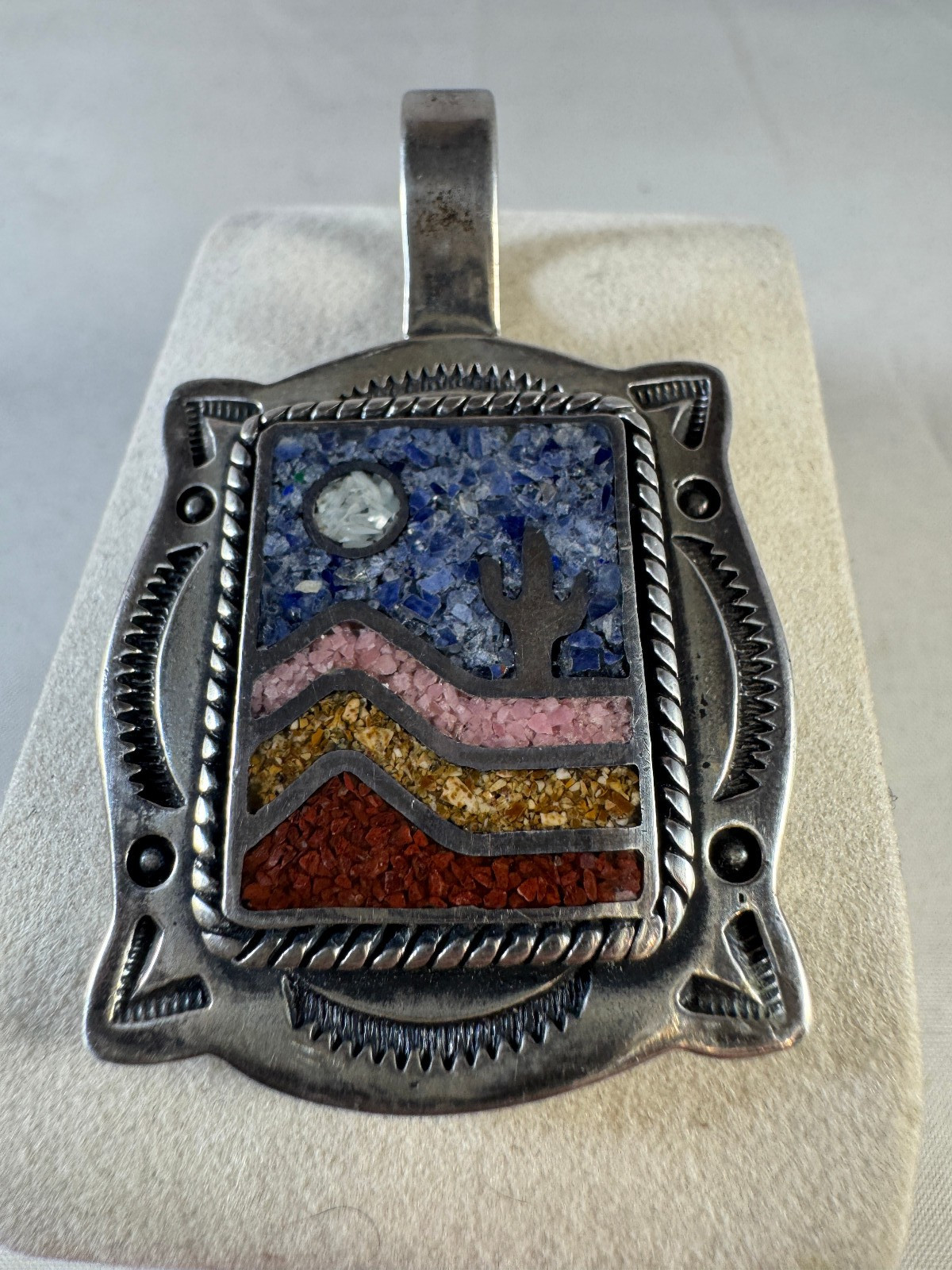 Vintage CJ Sterling Silver Inlay mosaic stone in landscape design pendant