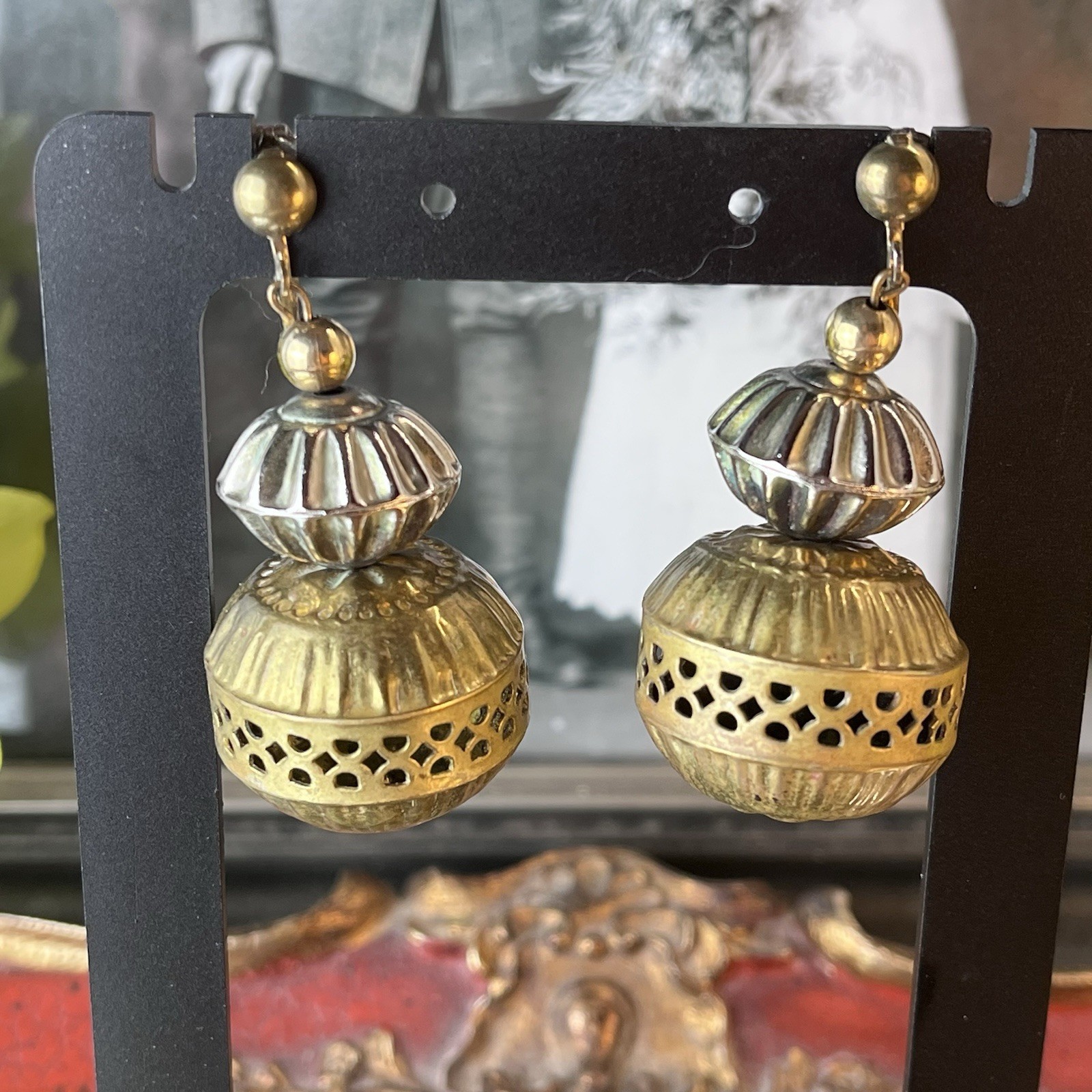 Vintage Ethnic Revival Brass Silver Tone Dangle Clip On Earrings – 2” – c1970s