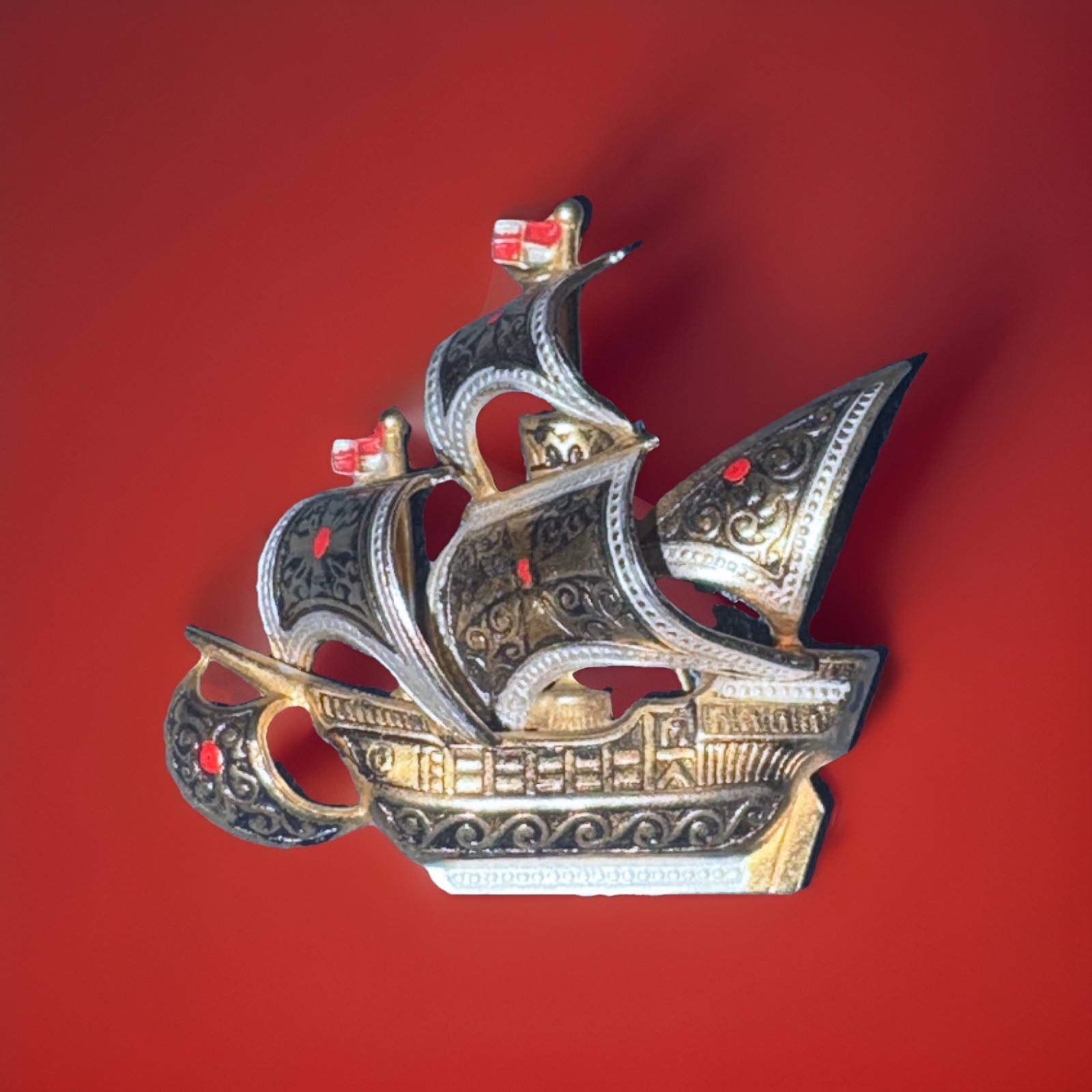 Vintage Spanish Damascene Galleon Ship Brooch Pin 1950s 1960s Toledoware Spain