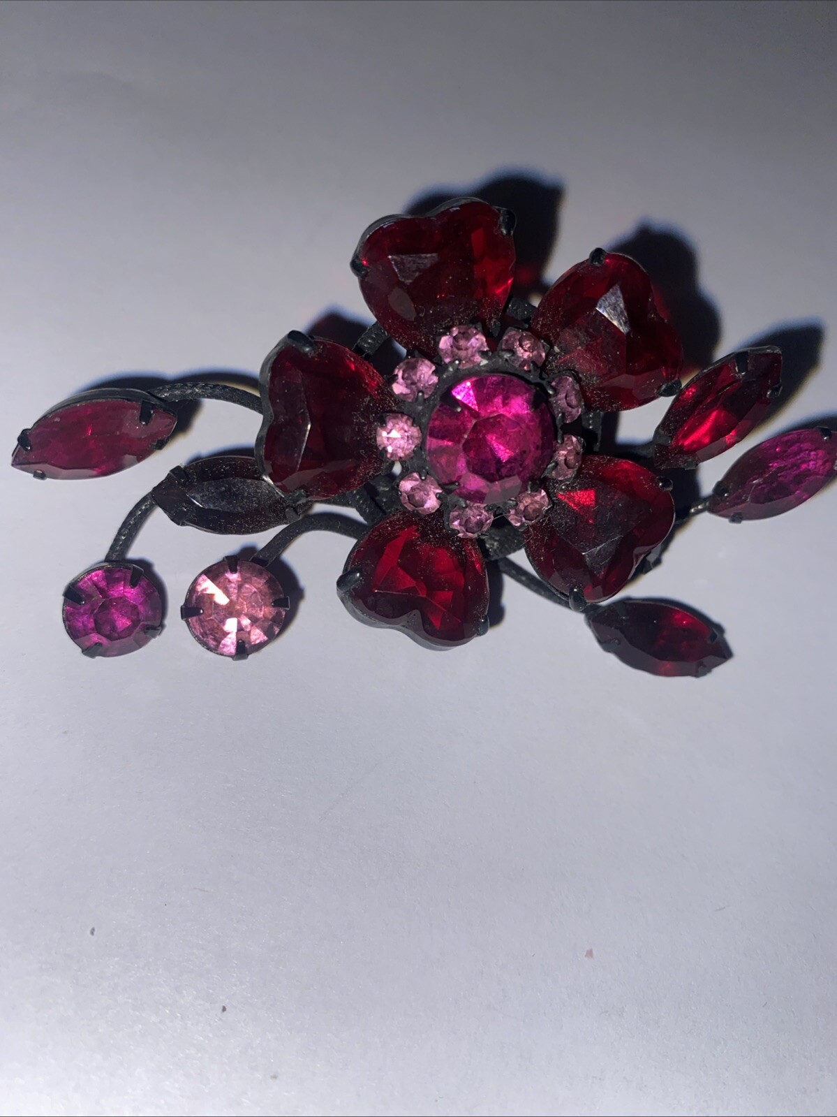 Vintage Unsigned SCHREINER Julian Pink & Fuchsia Flower Red Hearts Pin Brooch