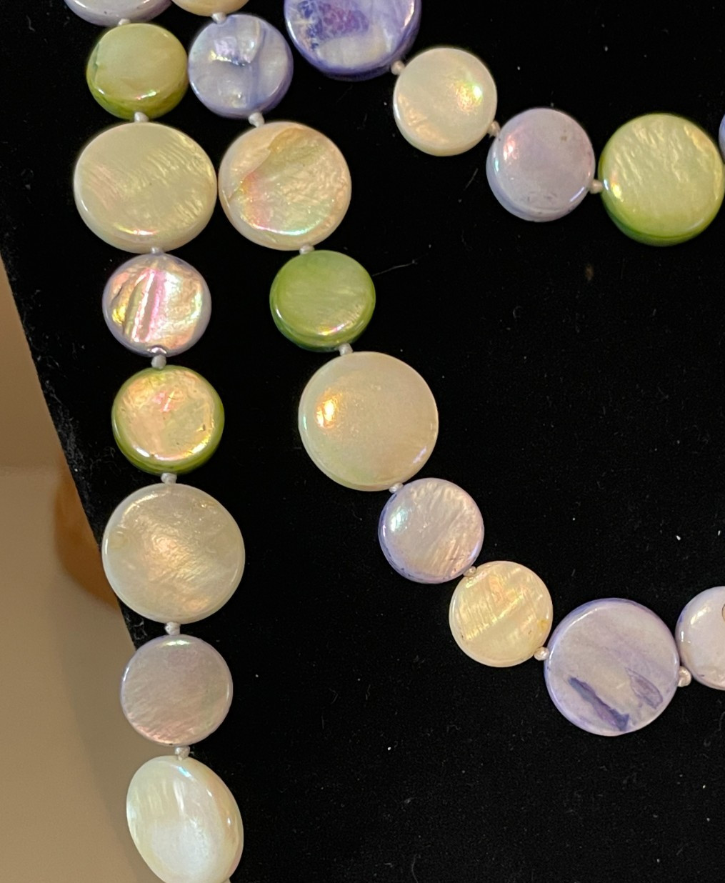 Mother of Pearl Long Necklace Round Disc Ivory Green Purple Knotted Spring 52″